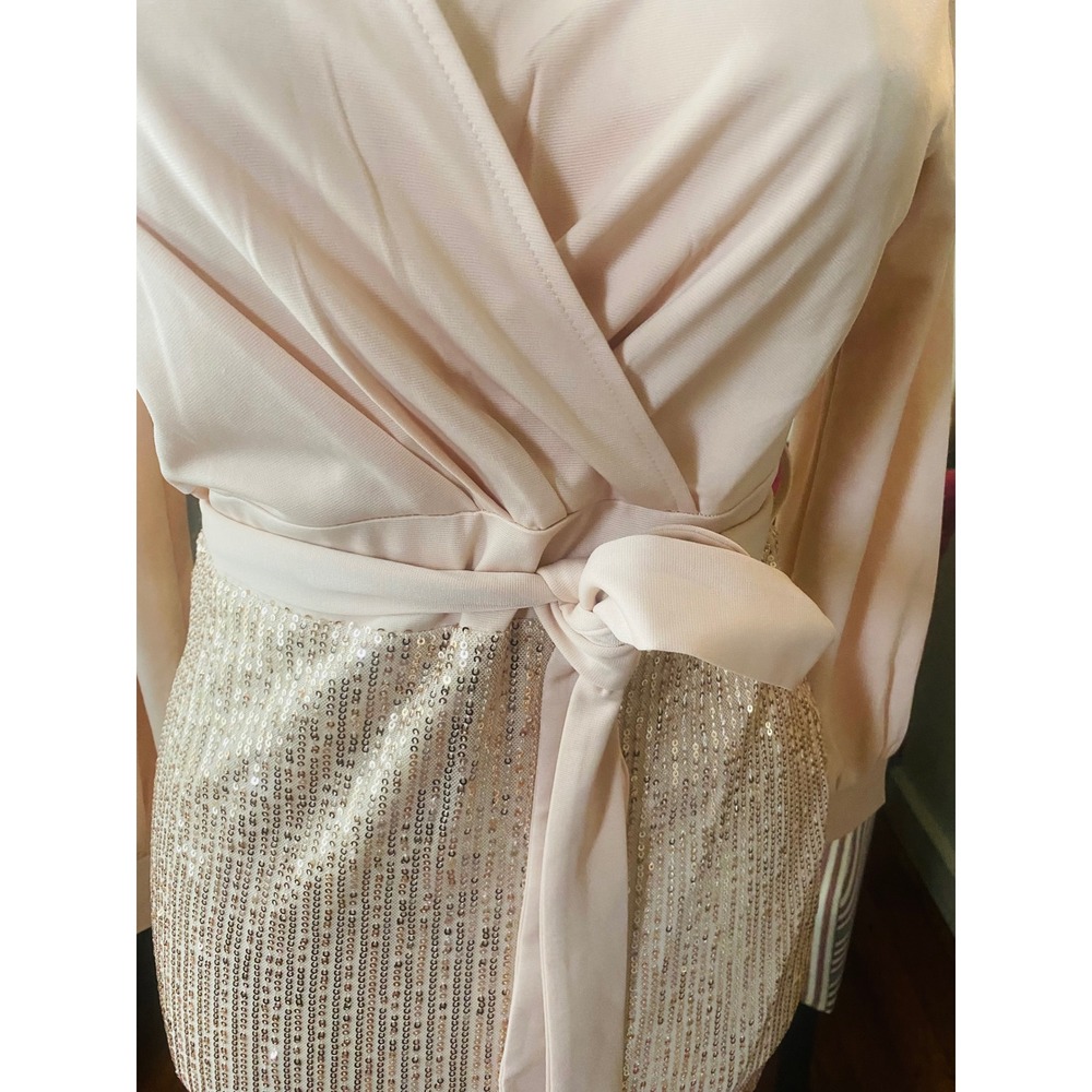 Grace Karin L Wrap Top Sequin Skirt Long Sleeve Sheath Dress Blush Pink Gold NWT - Picture 4 of 12